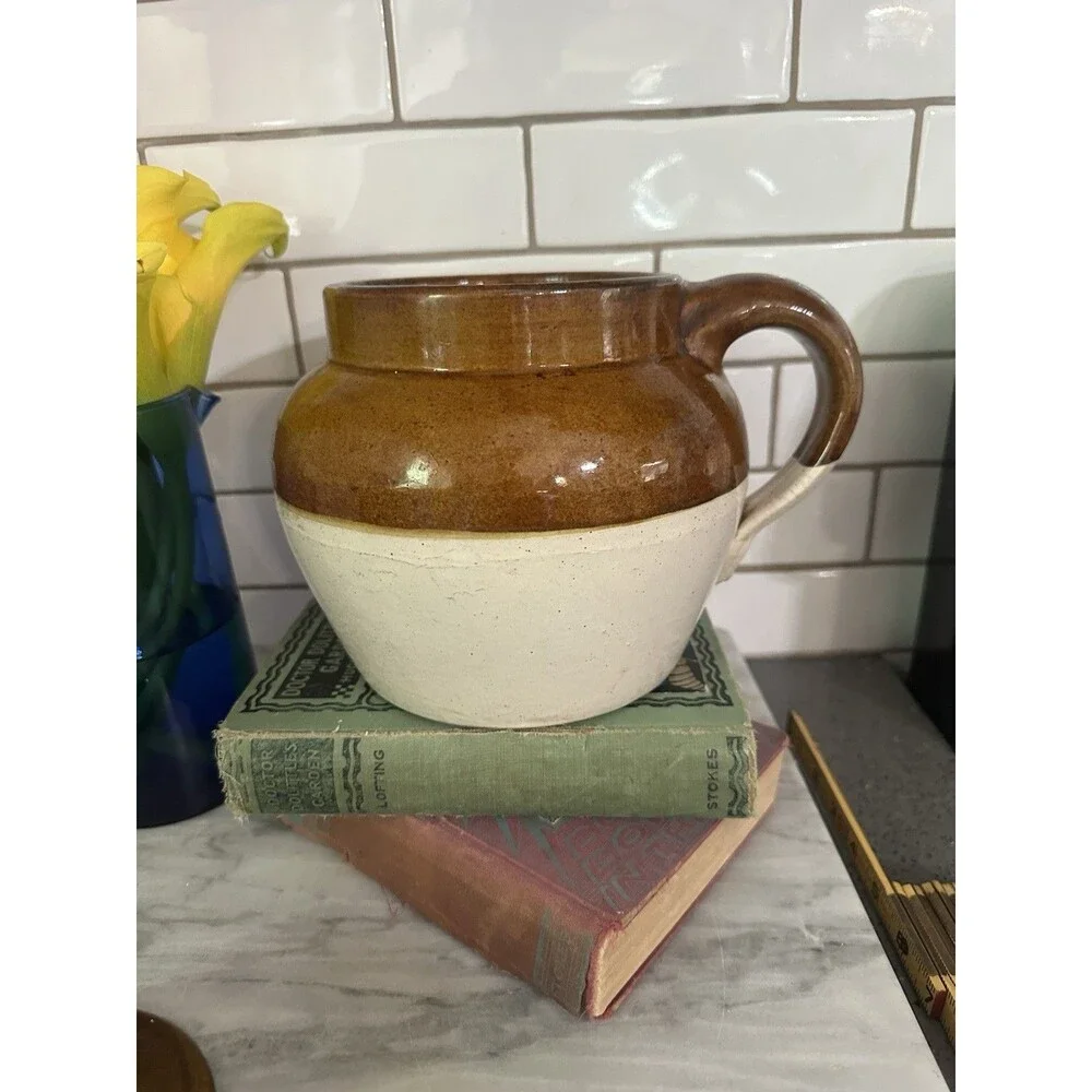 Vintage Antique Stoneware 2 Tone Brown One Handle Crock Bean Pot Americana